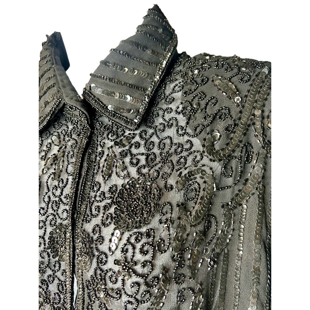 Vintage J Kara Sheer Black Sequin Beaded Blouse Evening Snap Ornate floral - Picture 4 of 9